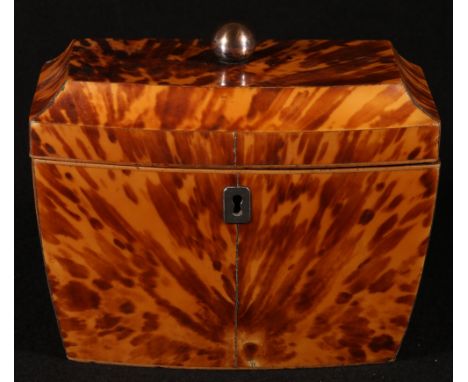 19th century tortoiseshell tea caddy of sarcophagus form with twin well interior, 14.5cm tall