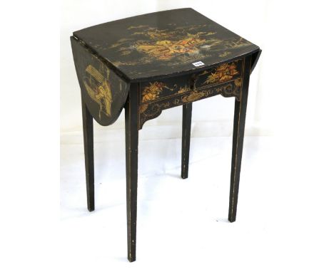 19th century Chinoiserie ebonised lamp table decorated with temple and figure scenes having frieze drawer raised on tapering 
