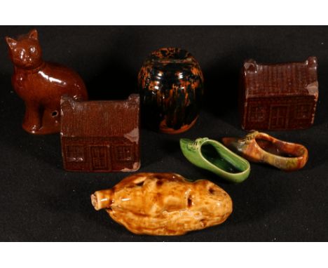 Collection of Scottish Pottery including two money banks of house form, another of barrel form and one of cat form, a potato 