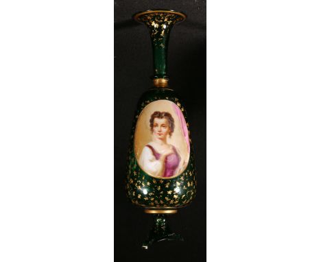 Pair of 19th century glass vases each with green body decorated with gilt bands and foliage, central vignettes depicting a bo
