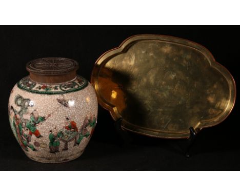 Late 19th or early 20th century Chinese famille verte ginger jar and wooden cover, the body decorated with children playing i
