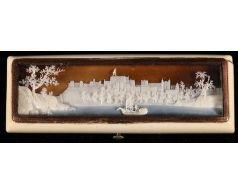 Georgian ivory patch box with finely detailed three dimensional wax carving of the Thames, with Windsor Castle with trees and
