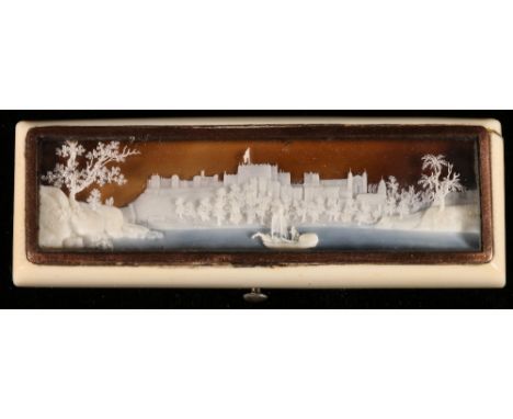 Georgian ivory patch box with finely detailed three dimensional wax carving of the Thames, with Windsor Castle with trees and