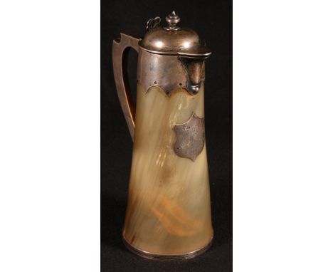 Unusual horn ewer of tapering straight sided form with silver mount and inscribed plaque by H T Lamb 1876, 27cm, with manuscr