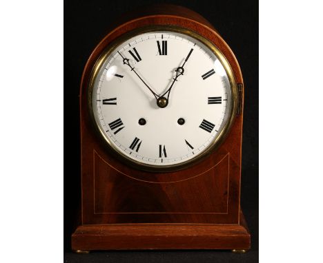 Mahogany cased arch top mantle clock with white enamelled dial with Roman numerals, the back plate stamped W&H Sol, 36cm tall