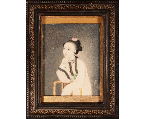 Japanese portrait on ivory of a geisha in ebonised frame, 8cm x 11.5cm