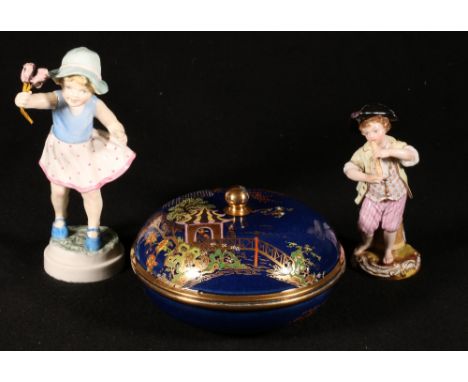 Meissen figure of a boy with flute, Royal Worcester Sabbath Day figure and a Carltonware circular domed top box and cover dec