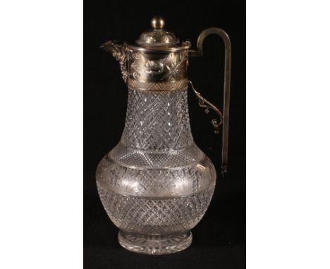 Good Victorian glass claret ewer, diamond and hobnail cut with nicely engraved band of birds, flowers and spiders in webs, th