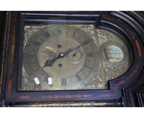 19th century Chinoiserie ebonised grandfather clock, the brass dial marked for William Ellies Digby having seconds and calend