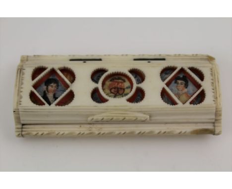 AN EARLY 19TH CENTURY NAPOLEONIC PRISONER OF WAR LOVE TOKEN BOX, carved bone, inset painted panel having a portrait of a youn
