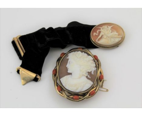A CAMEO SET CHOKER NECKLACE, the oval shell cameo with classical decoration set in a 9ct gold mount, on a black velvet ribbon