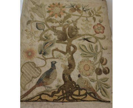 A CREWEL WORK TAPESTRY WOOL PANEL IN THE 17TH CENTURY STYLE, central stylised tree with squirrels and pheasants, 60cm x 48cm,