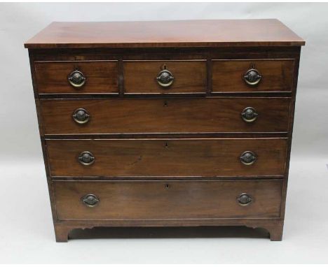 A 19TH CENTURY MAHOGANY FINISHED CHEST OF DRAWERS, three inline drawers over three graduating full width drawers, supported o