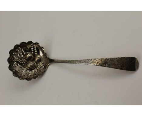 A GEORGE III SILVER SUGAR SIFTING LADLE, having fruit repousse bowl, bright cut handle with beehive crest, Dublin 1806, possi