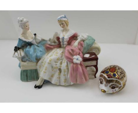 A ROYAL DOULTON BONE CHINA FIGURINE, "The Love Letter", HN2149, 13cm high, together with A ROYAL CROWN DERBY CERAMIC PAPERWEI