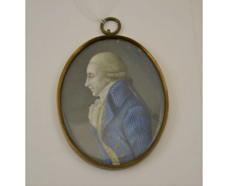 AFTER HORACE VERNET (1789-1863) A 19TH CENTURY MINIATURE PORTRAIT PAINTING, A French aristocrat in profile wearing blue strip