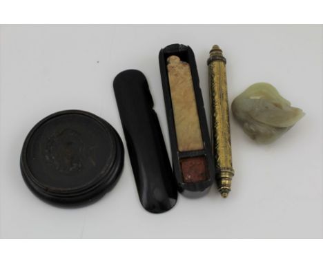 A 19TH CENTURY CHINESE CHOP SEAL, carved soapstone with animal terminal, in horn case with sealing wax, seal 8cm high, togeth