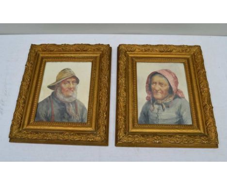 D.W. HADDON (David Wood Haddon 1859-1914) "Fisherman and Woman", portrait studies, he wears a Sou'wester hat, she a bonnet, a