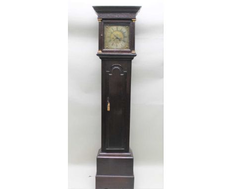 AN OAK LONGCASE CLOCK, the square brass dial engraved "Wolley Codnor", having silvered chapter ring with Roman hours and Arab