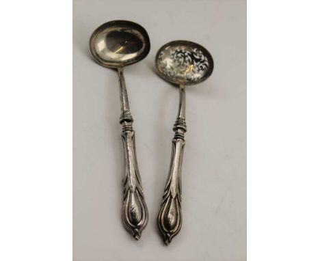 GEORGE UNITE A PAIR OF VICTORIAN SILVER DINING TABLE REQUISITES, a ladle and a sugar sifting ladle, Birmingham 1867, 15cm lon