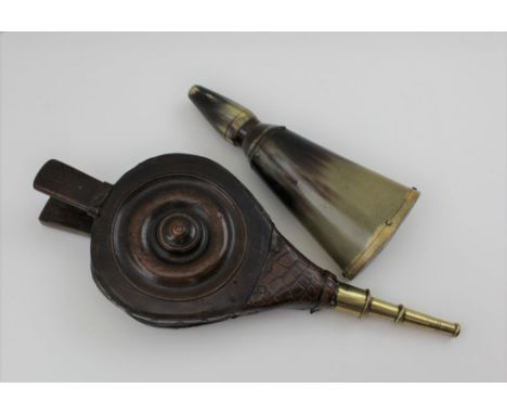 A PAIR OF MINIATURE BELLOWS, bullseye turned oak to one side with brass gun barrel nozzle, 25.5cm long, c.1900, together with