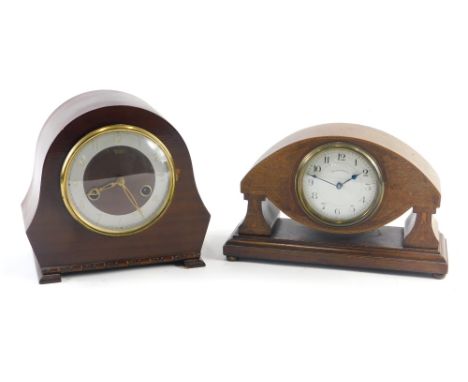 An Edwardian mahogany and boxwood strung mantel clock, marked Walker and Hall, in shaped case, with 8cm diameter Arabic dial,