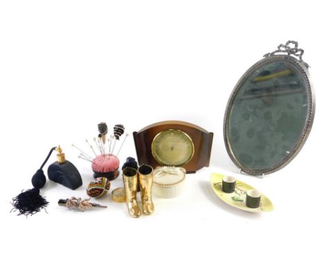 Various collectable items, a Westclox teak cased retro mantel clock, 21cm high, quantity of hat pins on stand, glass topped s