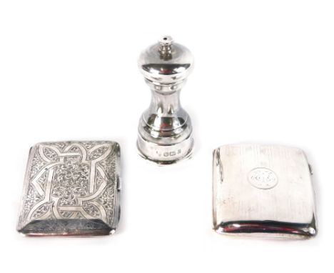 A George V silver cigarette case, by Walker and Hall, engine turned with initialled cartouche and engraved interior, Birmingh