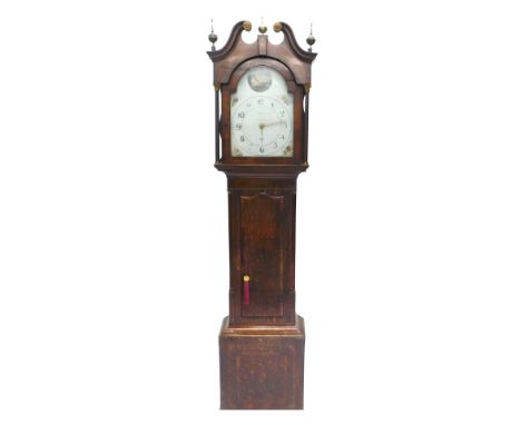 H. Fletcher, Rotherham. A 19thC oak and mahogany longcase clock, the 31cm wide arch dial with painted spandrels, thirty hour 
