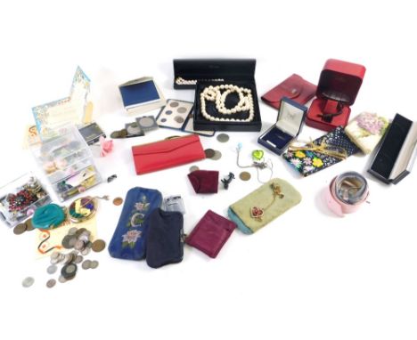 Various costume jewellery and related effects, a vacant Omega watch box, Monet jewellery box containing faux pearls, various 