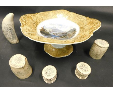 A 19thC Prattware pottery comport, transfer printed with a scene, 31cm wide, and various boxes, reproduction Trafalgar 1805 b
