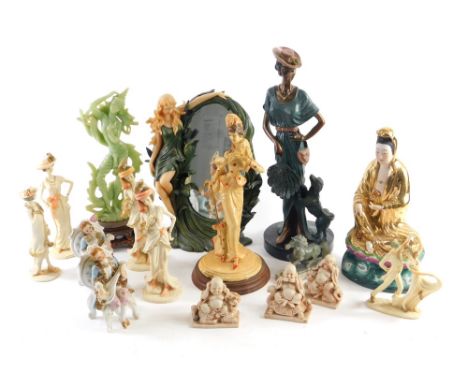 Various resin and other figures, Art Deco style figure of a lady with dog, 36cm high, Art Nouveau style mirror, faux jade fin