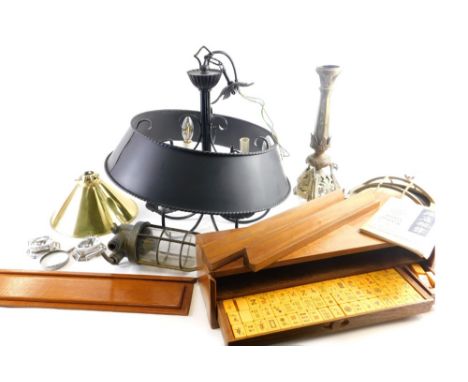 Various metalware, brass lamp stand with pierced base on paw feet, 41cm high, shade, a pair of silver open salts, silver hand