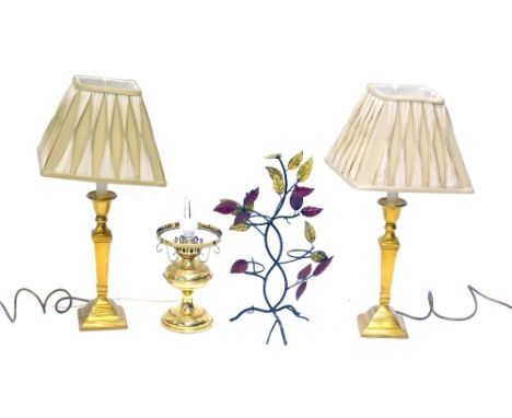 A pair of brass table lamps, on square tapering classical stems, and square feet, with cream shade, and modern electrical fit