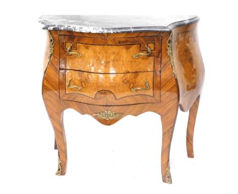A 20thC Continental kingwood and burr walnut bombe shaped commode, the marble top with a moulded edge, above two drawers, fla