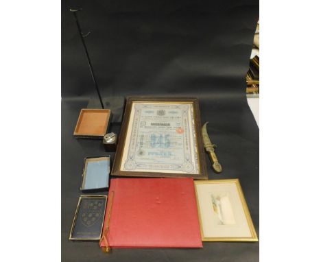 Various bygones and collectables, watercolour, 7cm x 10cm, a Russian share certificate, stand, rosewood finish table lighter,