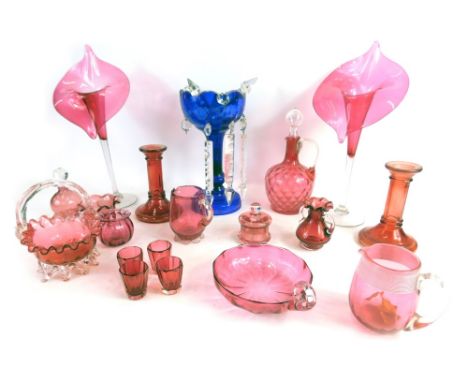 Various cranberry and ruby glass, a pair of Art Nouveau style floral Jack in the pulpit vases on clear glass stems and circul