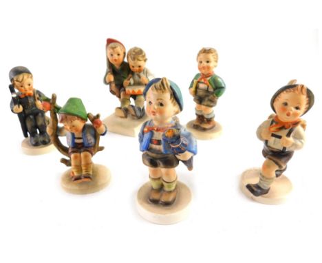 Six various Goebel Hummel figures, to include Apple Tree Boy, 10cm high, printed marks beneath. (6 AF)