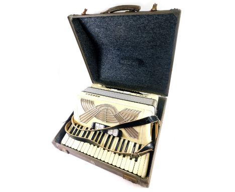 A mid 20thC Art Deco Hohner piano accordion, with five stops, with outer case, 55cm wide.