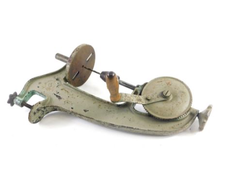 A vintage metal hand action pillar drill, with bench fittings, 55cm high. 