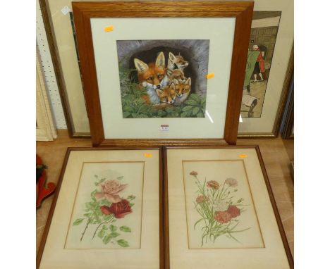 Daphne Baxter - Family of foxes, gouache; together with two botanical watercolours; K Morris - Rettenden Church, Essex, water