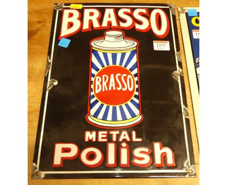 An enamel on metal wall mounted advertising sign titled Brasso Metal Polish, 35.5 x 25.5cm