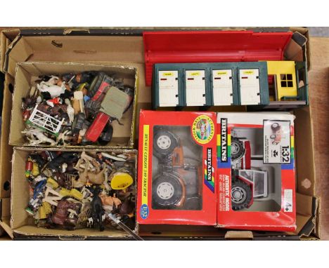 A tray containing a quantity of Britains plastic farm vehicles, animals and miniatures, to include a stable, Renault Cergos 3