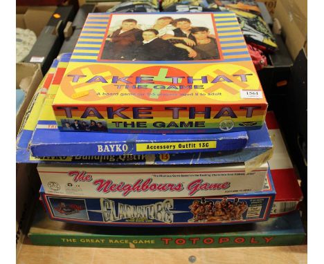 A collection of various board games, to include The Great Race Game Totopoly, Gladiators the action board game, two Bayko acc