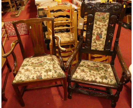 An antique joined and relief carved oak single elbow chair in the 17th century taste, together with a 19th century provincial