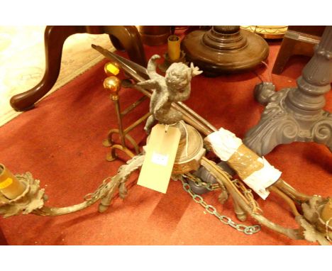 A cast metal three-branch hanging ceiling light; together with a pair of fire dogs and a steel shovel, poker and tongs (6)