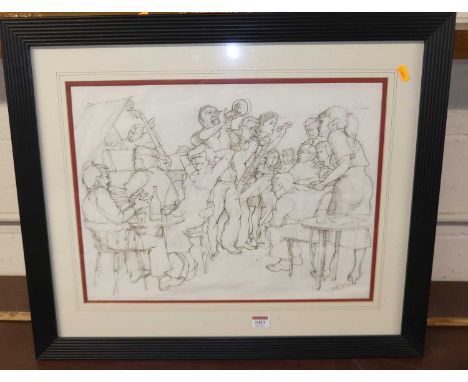 W.B. Hinton - An artists preliminary sketch of a jazz club scene, pencil and ink sketch, 37 x 50cm
