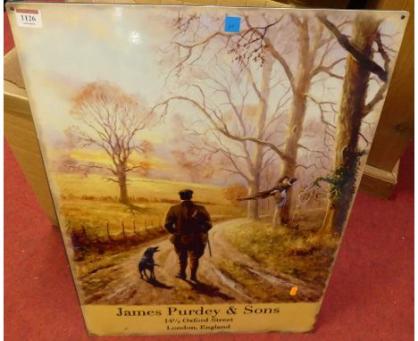 A lithograph printed tin advertising sign for James Purdey &amp; Sons, 70 x 50cm