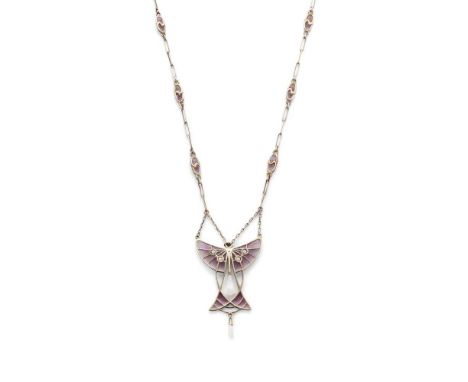 HEINRICH LEVINGER, PFORZHEIM JUGENDSTIL NECKLACE, CIRCA 1900 gilt metal and plique-à-jour enamel, pearl drops, stamped verso 