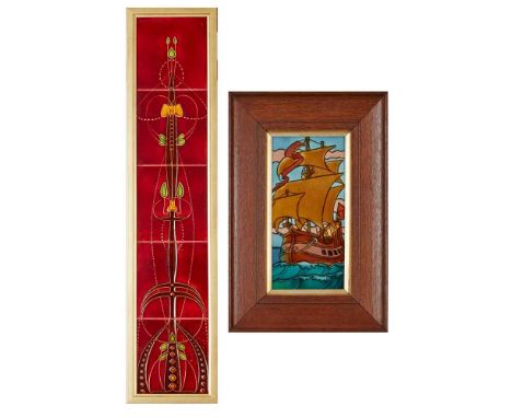 PILKINGTON’S TILE &amp; POTTERY CO. LARGE FRAMED TILE, CIRCA 1910 glazed ceramic, 30.5cm x 15.5cm; together with a FRAMED FIV